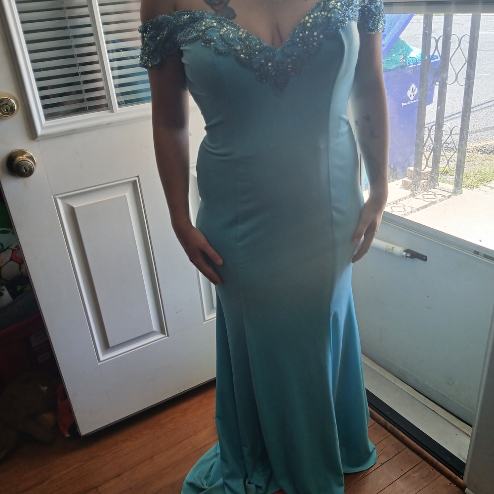 Angela & Alison Teal Off-Shoulder Prom Dress